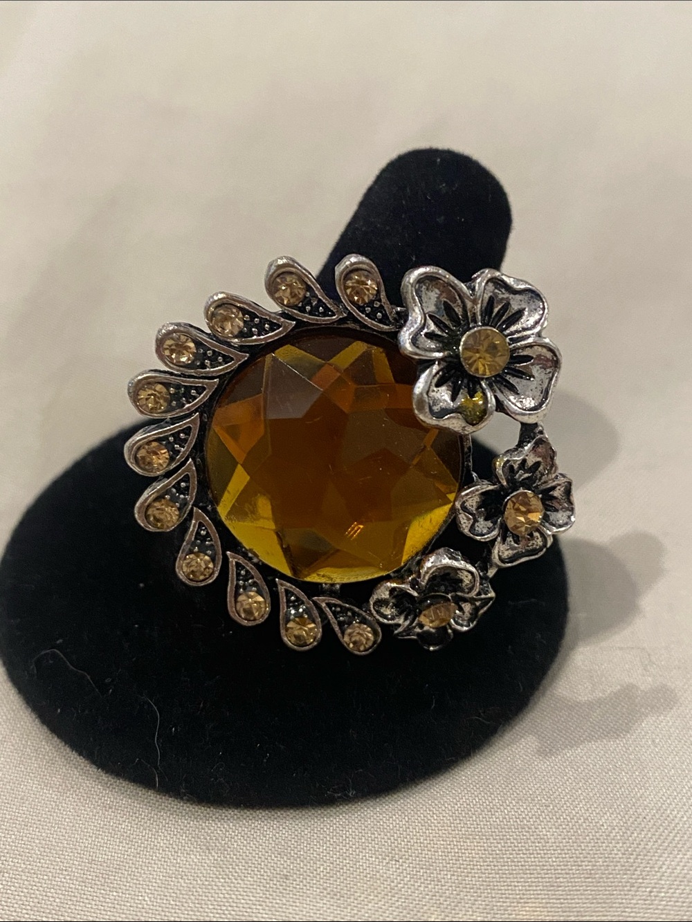 Amber Floral Statement Ring in Silver-Tone Setting